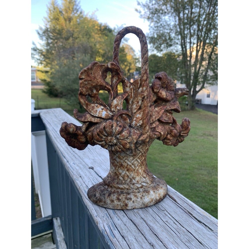 VTG  John Wright Donsco Cast Iron Floral Basket Doorstop Hand Painted Flowers